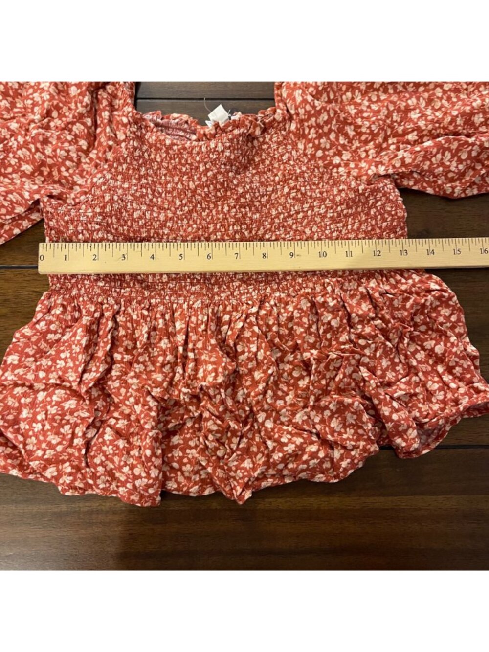 American Eagle Womens Floral Print Off-Shoulder Smocked Top M Ruffled cuffs - Picture 5 of 12